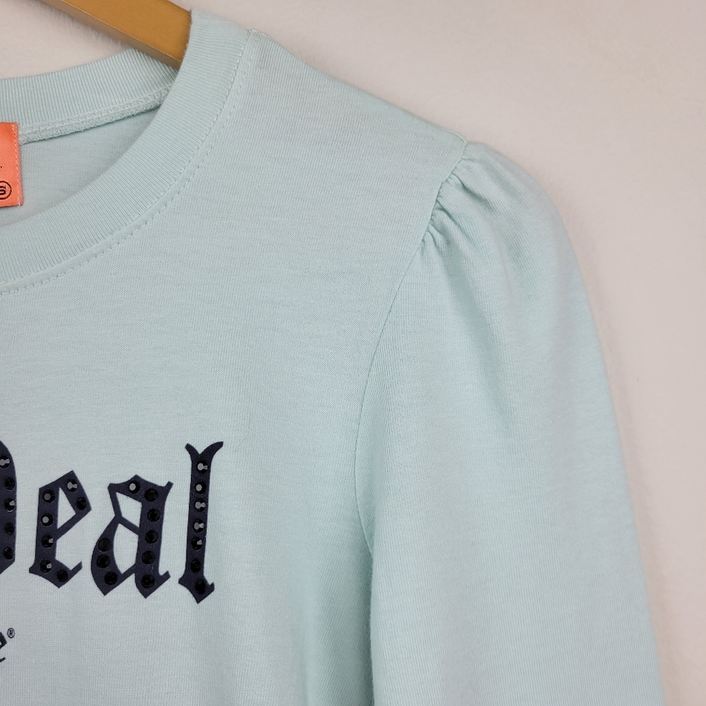 Juicy Couture Big Deal Rhinestone Graphic Baby Tee Size S Blue Mint Y2K Vintage - Picture 2 of 11